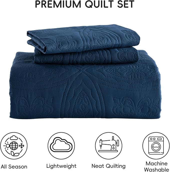 Yiran Navy Blue Quilt Set King Size Lightweight Bedspread Embossed Pattern Soft Microfiber Coverlet for All Season with 2 Pillow Shams (106"x96")