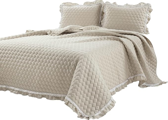 Lush Decor Ella Ruffle Lace Quilt, 3 Piece Set, King, Neutral, Cute Quilt - King Bedding Set - Beige Bedding - Coquette Decor - Neutral Ruffle Trim - Beige Lace Trim