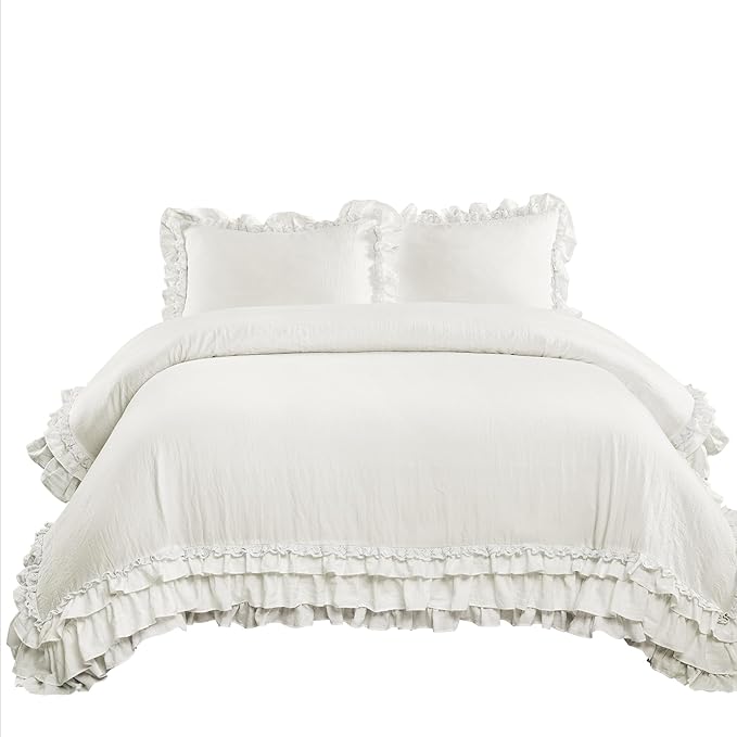 Lush Decor Ella Ruffle Lace Comforter, 3 Piece Set, Full/Queen, White - Cute Comforter - Queen Bedding Set - White Bedding Full Size - Coquette Decor - Ruffle Trim - Lace Trim