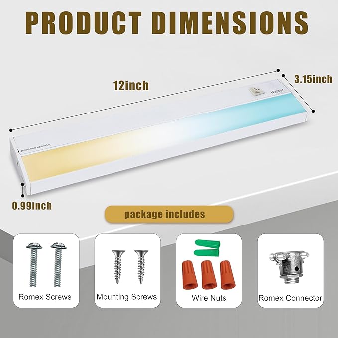Ansen Hardwired Under Cabinet Lighting, 12in 10W LED Light for Kitchen/Closet, 666.7lm, CRI>92, R9>90, Dimmable, 3 Color Temperature, 3000K/4000K/5000K(Warm White, Cool White, Daylight)