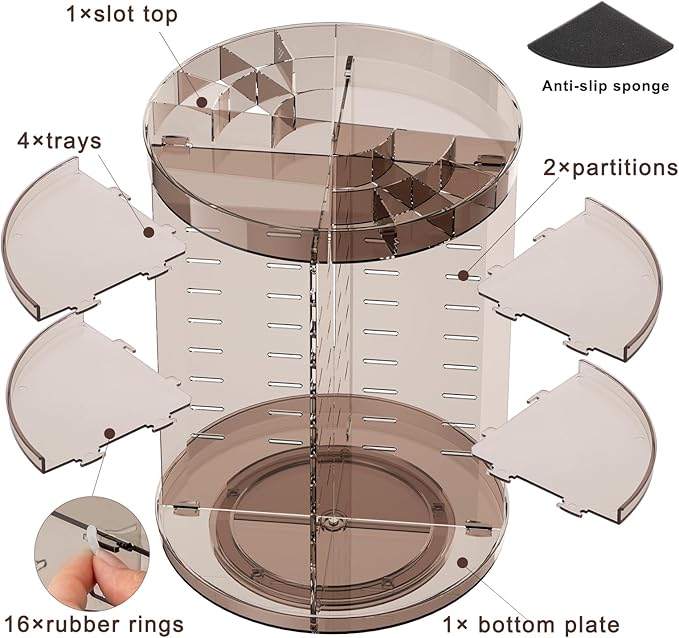360 Rotating Makeup Organizer with Lipstick Slots, DIY 8 Adjustable Height Spinning Skincare Organizers, Brush and Perfume Storage Carousel, Cosmetic Display Case for Vanity Bathroom Countertop