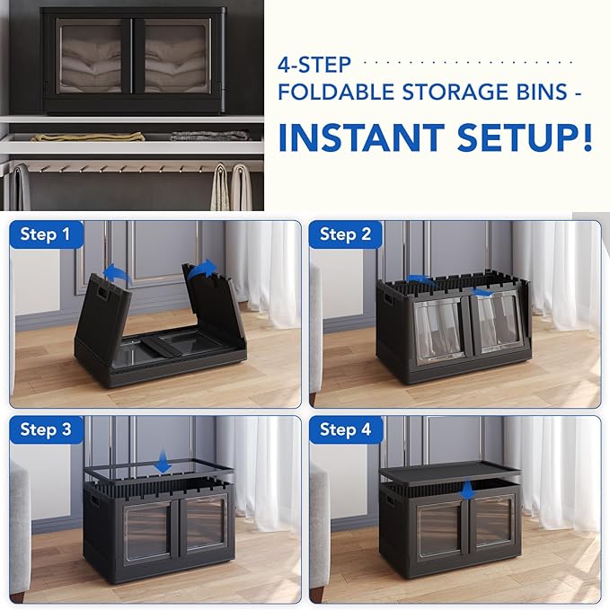 FLEXIMOUNTS 75 QT Stackable Storage Bins With Lids, Collapsible Plastic Storage Bins, Closet Organizers and Storage Containers with Doors and Built-in Wheels For Home, 2 Pack Cubes, Black