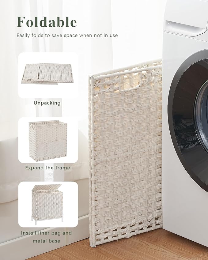 Laundry Hamper with Lid 132 L, (35 Gallons) Clothes Hamper with Lid, Handwoven Rattan Laundry Hamper with Metal Heightened Feet, Laundry Hampers with 3 Removable Liner Bags for Laundry-White