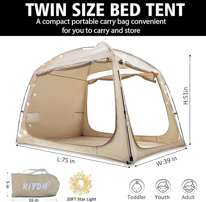 Bed Tent Bed Canopy Breathable 100% for Adult and Kids- Original Design Light Reduction 93% Sleeping Dream Tents Indoor Portable Big Space with String Light 3 Doors Twin Full Queen King Size