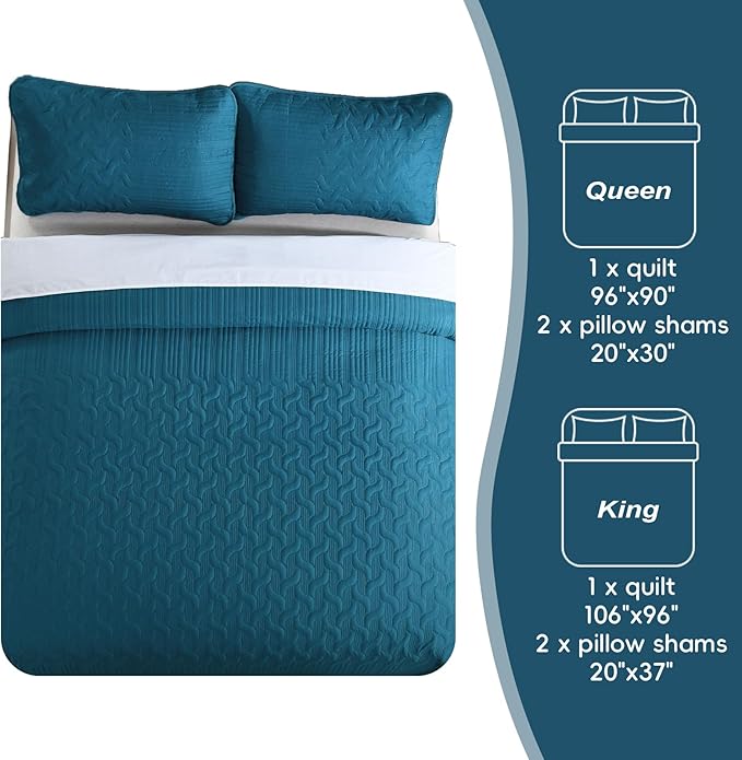 Yiran Teal Blue Quilt Set Queen Size Lightweight Bedspread Ultrasonic Wave Pattern Soft Microfiber Coverlet for All Season Modern Style 3 Piece Bed Cover Sets with 2 Pillow Shams (96"x90")