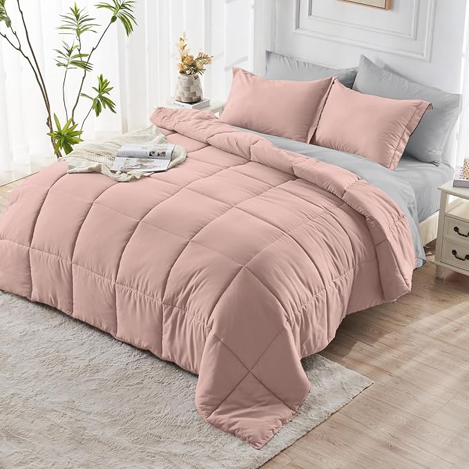 JOLLYVOGUE Twin XL Comforter Set, Ultra-Soft Bed in a Bag Twin XL Size 5 Pieces, Oeko-TEX Certified Bedding Set with Down Alternative Comforter, Sheets, Pillowcases & Shams, Pink & Light Grey