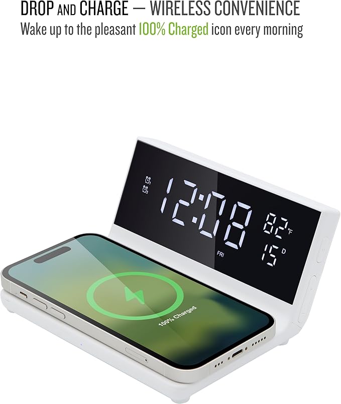 Soundfreaq Charge Rise II, SFQ-20: Digital Alarm Clock, with Dual Alarms, Fast USB Charger and Wireless Charger