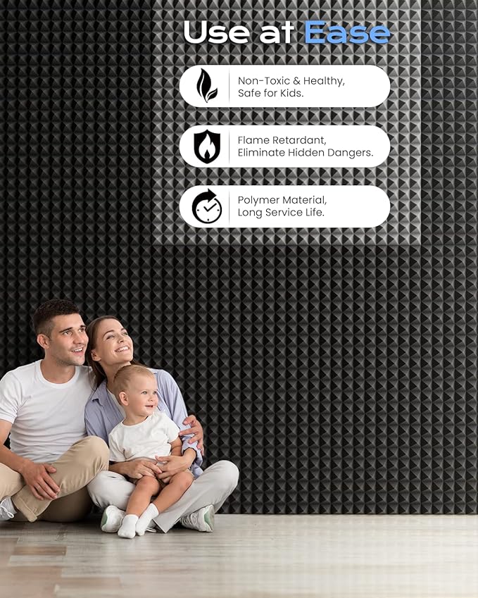 Sonicism Acoustic Panels Self-Adhesive Pyramid 48 Pack,12" X 12" X 1" Sound Proof Foam Panels for Walls Fast Expand,35kg/m³ High Density Soundproof Wall Panels,Sound Absorption and Decoration(Black)