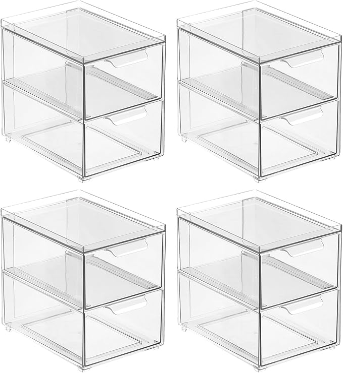 mDesign Stackable Storage Containers Box with 2 Pull-Out Drawers - Stacking Plastic Drawer Bins for Master or Guest Bathroom, Linen Closet, Vanity, Makeup Table Lumiere Collection 4 Pack, Clear