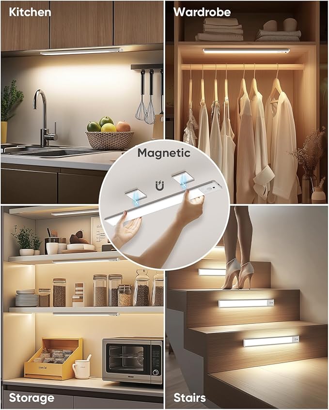 Under Cabinet Lighting Wireless, Rechargeable 62 LED Motion Sensor Light Indoor, 3 Color Temps Closet Lights with Remote Control, Dimmable Magnetic Under Counter Lights for Kitchen, Stairs, 4 Pack