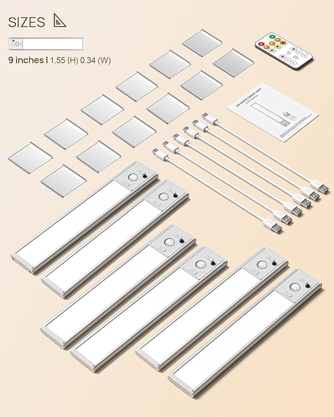 Under Cabinet Lighting with Remote Control,USB Rechargeable 180 Lumen Motion Sensor Light Indoor,Magnetic Wireless Under Counter Light,3 Color Dimmable Closet Lights for Kitchen, Pantry, Stair, 6 Pack