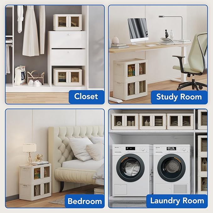 FLEXIMOUNTS 150 QT Stackable Storage Bins With Lids, Collapsible Plastic Storage Bins, Closet Organizers and Storage Containers with Doors and Built-in Wheels For Home, 4 Pack Cubes, Milky White