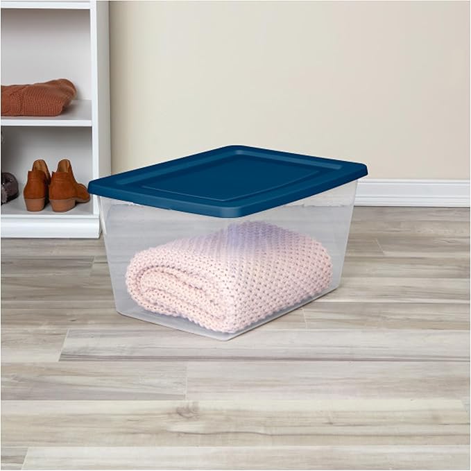 Sterilite 8 Pack Storage Boxes, Clear Plastic Stackable Containers, Lightweight Home Organizers with Snap Lids, 58 Quart, Marine Blue