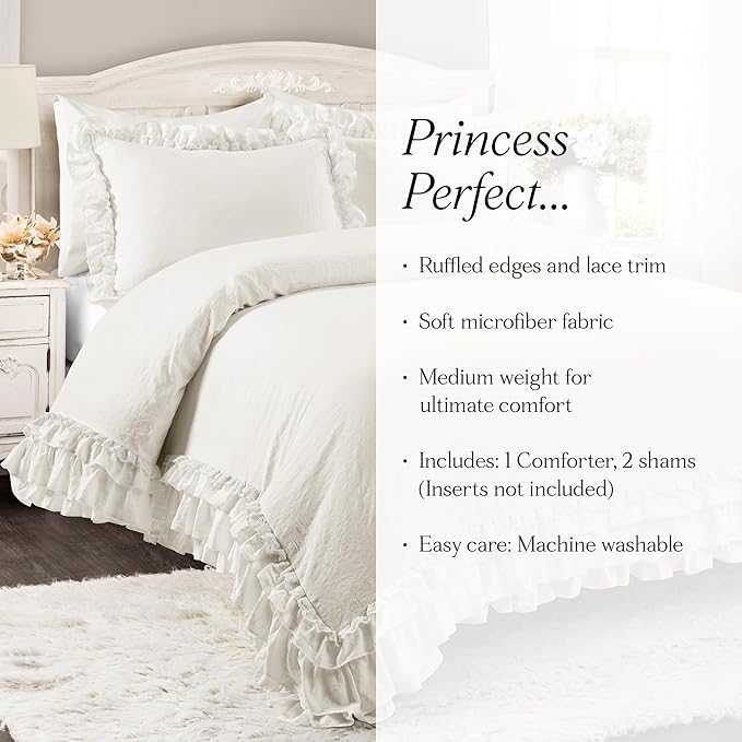 Lush Decor Ella Ruffle Lace Comforter, 3 Piece Set, King, White - Cute Comforter - King Bedding Set - White Bedding - Coquette Decor - Ruffle Trim - Lace Trim