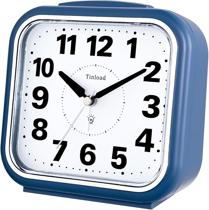 5.5" Large No Ticking Analog Alarm Clock,Silent Readable for Seniors,Easy to Set,Gradual Rise Alarm,Big Numbers,Gentle Wake,Snooze, Lighted on Demand,Battery Operated,Blue