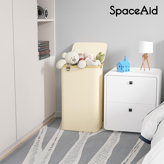 SpaceAid Laundry Hamper with Lid, 110L Large Tall Clothes Basket Bin with Bamboo Handles, Collapsible Laundry Hamper for Bedroom, Bathroom, Dorm, Laundry Room - Beige
