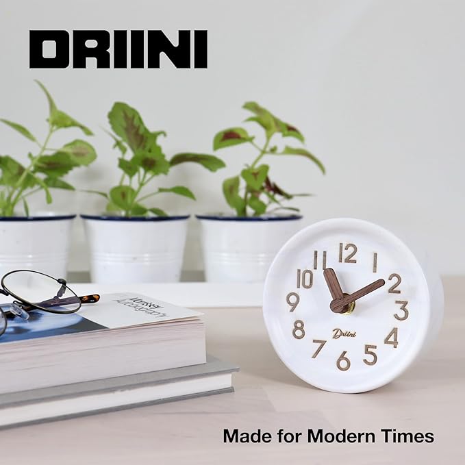 Driini Wooden Analog Desktop Clock – 4.3 in. Decorative Pinewood, No-Tick Design – Easy to Read Silent Sweep Mantle Clock – Quiet Tabletop Clocks with Wood Body, Hands, & Battery Cover; White