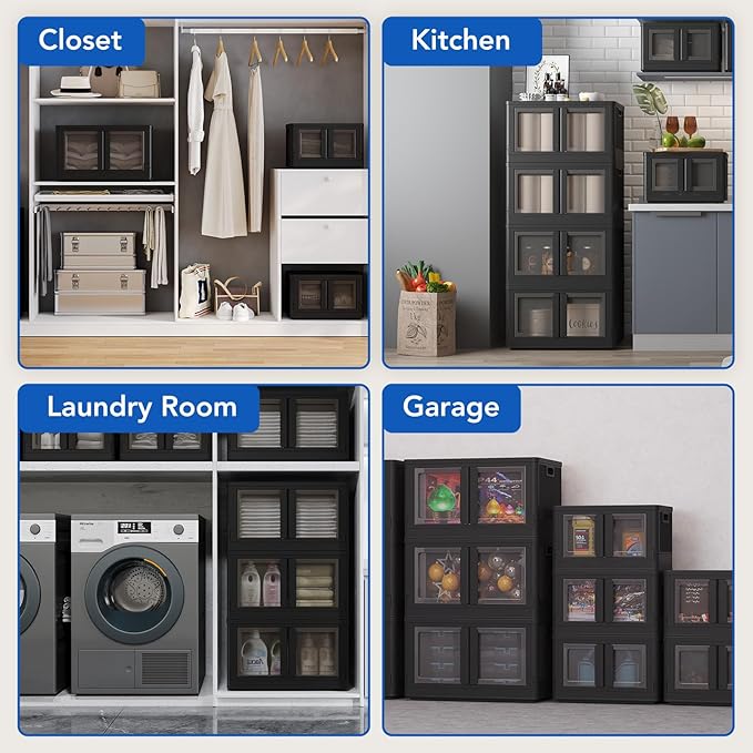 FLEXIMOUNTS 304 QT Stackable Storage Bins With Lids, Collapsible Plastic Storage Bins, Closet Organizers and Storage Containers with Doors and Built-in Wheels For Home, 4 Pack Cubes, Black
