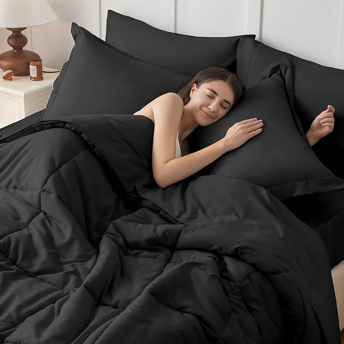 JOLLYVOGUE Oversized Queen Comforter Set, Ultra-Soft Bed in a Bag Oversized Queen Size 7 Pieces, Oeko-TEX Certified Bedding Set with Down Alternative Comforter, Sheets, Pillowcases & Shams, Black