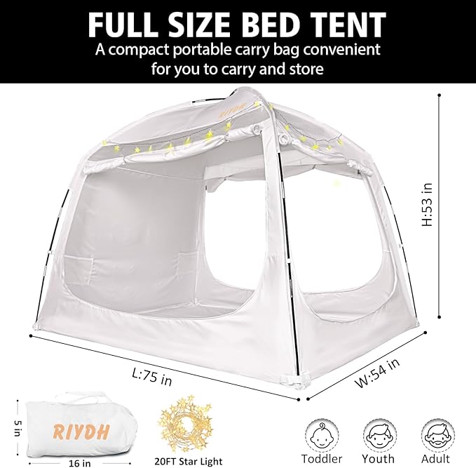 Bed Tent Bed Canopy Breathable 100% for Adult and Kids- Original Design Light Reduction 93% Sleeping Dream Tents Indoor Portable Big Space with String Light 3 Doors Twin Full Queen King Size