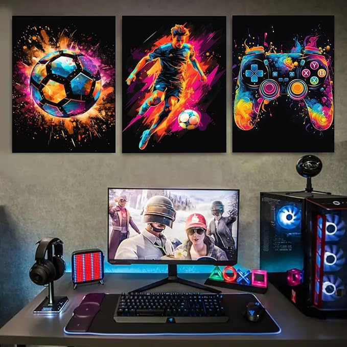 BGFCE Gaming Canvas Wall Art Decor, Paintings Art Game Controller Color Splash Ink Prints Painting, Posters for Room Aesthetic, Soccer Canvas Wall Art for Boys Room Decor 16x24 - Set of 3 Framed