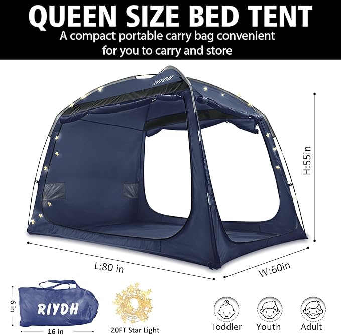 Bed Tent Bed Canopy Breathable 100% for Adult and Kids- Original Design Light Reduction 93% Sleeping Dream Tents Indoor Portable Big Space with String Light 3 Doors Twin Full Queen King Size