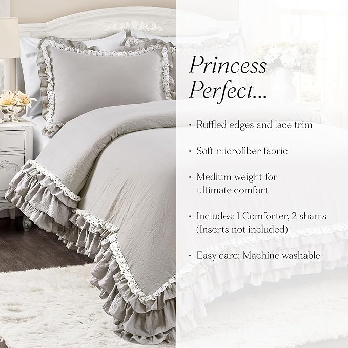 Lush Decor Ella Ruffle Lace Comforter, 3 Piece Set, King, Light Gray - Cute Comforter - King Bedding Set - Gray Bedding - Coquette Decor - Ruffle Trim - Lace Trim