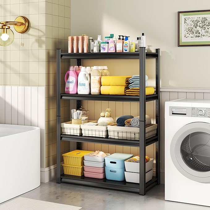 Storage Shelves, Garage Metal Shelving Unit, Adjustable, Double-Layer Column with Reinforced Ribs, Heavy-Duty, Capable of Bearing 600-3600 lbs (Black, 45''W*20''D*54''H, 4-Tier)