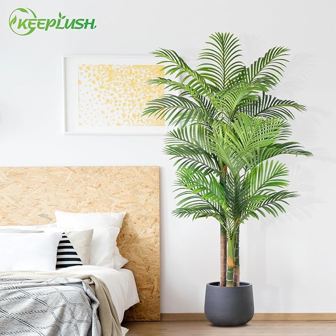 6ft Tall Triple Golden Cane Palm Artificial Tree 72inch Large Tropical Palm Tree UV Resistant Fake Plant in Pot for Indoor Outdoor Big House Living Room Outside Patio Office Home Decor 2Pack