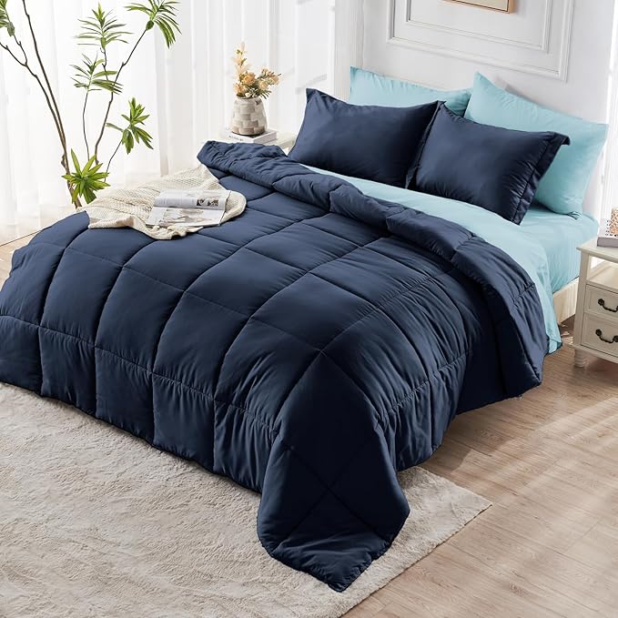 JOLLYVOGUE California King Comforter Set, Ultra-Soft Bed in a Bag Cal King Size 7 Pieces, Oeko-TEX Certified Bedding Set With Down Alternative Comforter, Sheets, Pillowcases & Shams, Navy & Light Blue