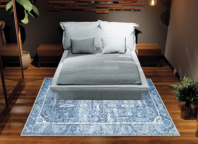 Bloom Rugs Washable Non-Slip 8' x 10' Rug - Blue Traditional Area Rug for Living Room, Bedroom, Dining Room, and Kitchen - Exact Size: 8' x 10'