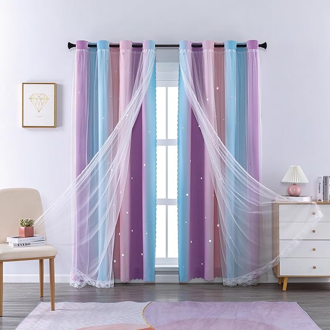 XiDi Curtains for Bedroom Decor, Rainbow Pink Purple/42/84