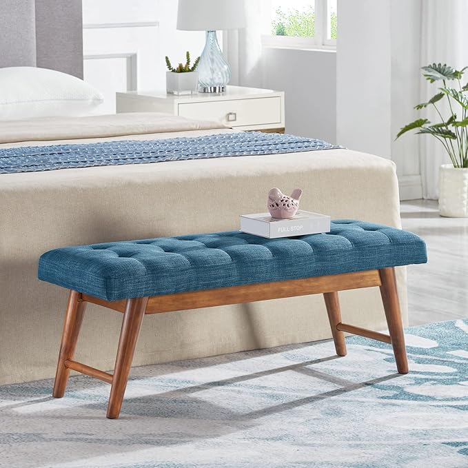 Amazon Basics Modern Haraden Upholstered Button-Tufted Bench, Blue, 16 x 44 x 17 in