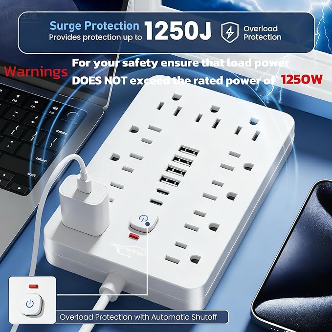 10 FT Flat Plug Surge Protector Power Strip,11 Multiple AC Outlets with 6 USB Ports (2 USB C), 6 Feet Extension Cord, 1250W/10A, One Touch Switch Button, White