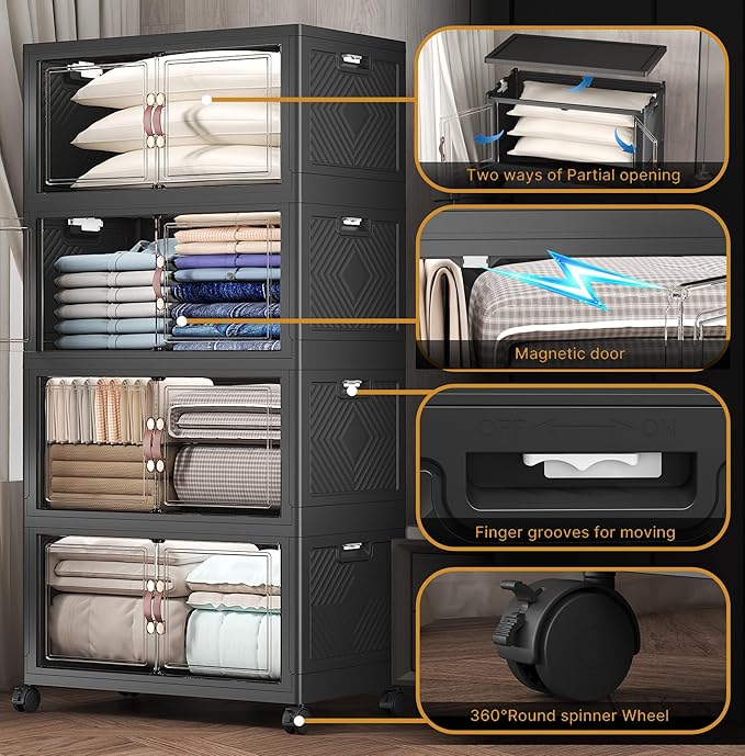 Extra Large Stackable Storage Bins with Lids&Wheels,660QT-165QT/41GAL*4Pack Collapsible Container Closet Organizers,Plastic Stackable Storage drawers for bedroom Dorm