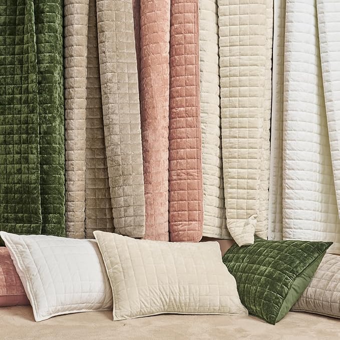 RECYCO Luxury Velvet Quilt Set, California King 118'' x 106'' Oversized Bedspread, Ultra Soft Velvet Comforter, Lightweight Box Stitch Bedding Sets for All Season, with 2 Shams, Beige