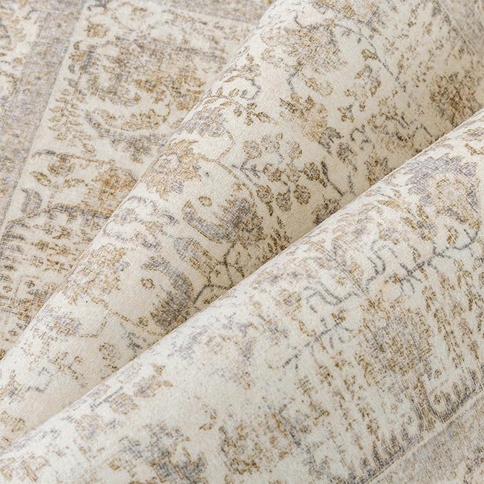 Light Brown Runner Rug 2x10 Hallway Machine Washable Kitchen Vintage Distressed Non Slip Long Carpet Indoor Retro Floral Bedroom Accent Throw Rug for Bathroom Office Laundry Dining Room