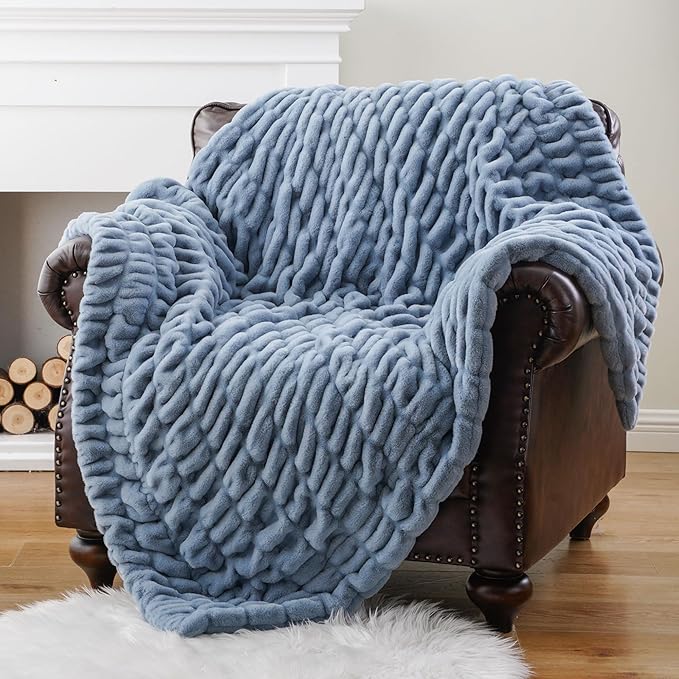 BATTILO HOME Faux Fur Throw Blanket for Couch, Super Soft Cozy Blanket, Double Sided Ruched Rabbit Faux Fur Blanket for Bed, Living Room, 50"x60", Bluish Grey
