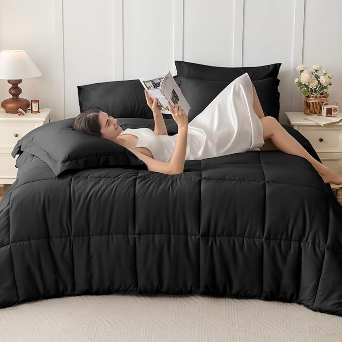 JOLLYVOGUE Twin XL Comforter Set, Ultra-Soft Bed in a Bag Twin XL Size 5 Pieces, Oeko-TEX Certified Bedding Set with Down Alternative Comforter, Sheets, Pillowcases & Shams, Black
