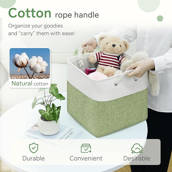 Fabric Cubes Storage Basket, 6 Pack 11x11 in with Handles Cube Storage Bins, for Shelves, Home, Office Organizers (White/ Green)