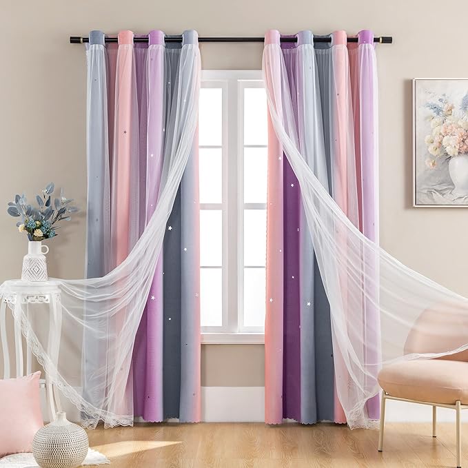XiDi Curtains for Bedroom Decor, Rainbow GreyPinkPu-52-90