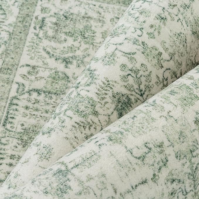 Sage Green Area Rug 5x8 Living Room Washable Carpet Vintage Distressed Non Slip Kitchen Carpet Neutral Low Pile Retro Floral Farmhouse Throw Rug for Home Office Bedroom Laundry Dining Room