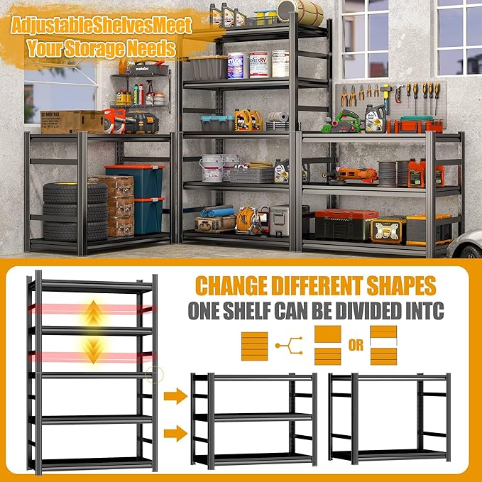Storage Shelves, Garage Metal Shelving Unit, Adjustable, Double-Layer Column with Reinforced Ribs, Heavy-Duty, Capable of Bearing 600-3600 lbs (Black, 45''W*20''D*77''H, 6-Tier)