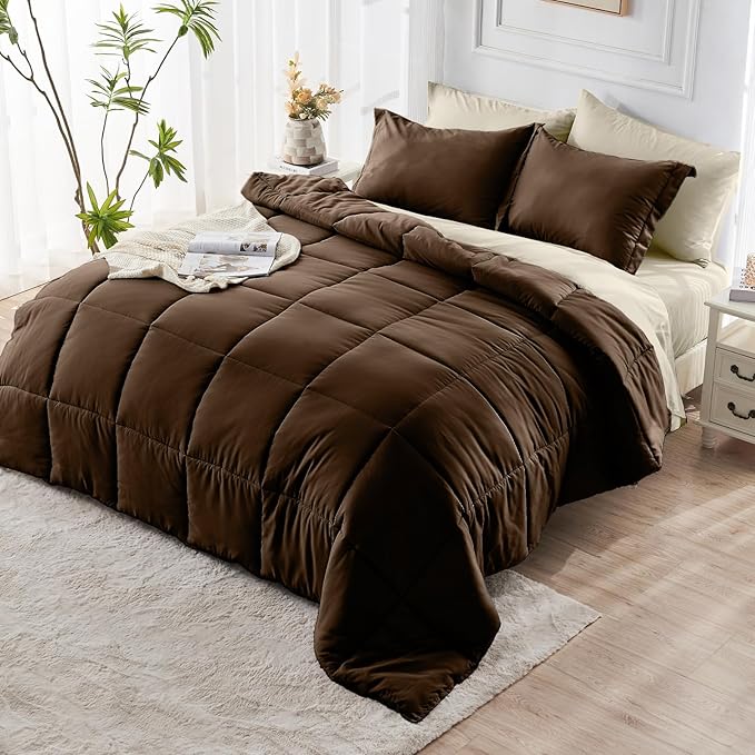 JOLLYVOGUE King Comforter Set, Ultra-Soft Bed in a Bag King Size 7 Pieces, Oeko-TEX Certified Bedding Set with Down Alternative Comforter, Sheets, Pillowcases & Shams, Brown & Beige