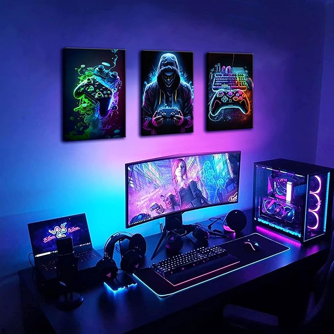 BGFCE Cool Gaming Canvas Wall Art Set of 3, Retro Video Game Watercolor Poster Pictures, Neon Gamepad Gamepad Painting Prints Game Room Bedroom Wall Decor 16x24 in Framed