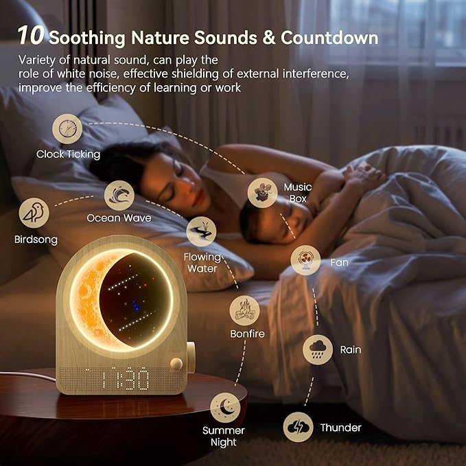 Sunrise Alarm Clocks for Bedrooms, Stepless Dimmable Moon Lamp Dual Alarm Clock with 12Levels Volume for Heavy Sleepers, 10 Natural Sounds with 30/60/90mins Timer, Gifts for Women