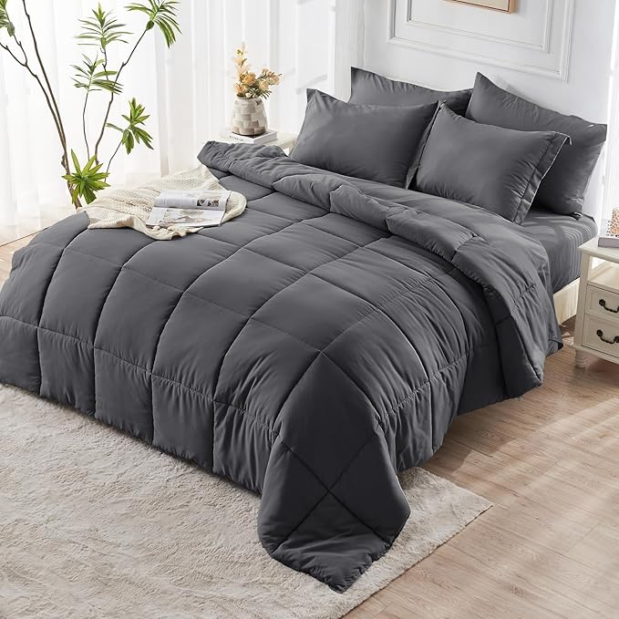 JOLLYVOGUE Oversized King Comforter Set, Ultra-Soft Bed in a Bag Oversized King Size 7 Pieces, Oeko-TEX Certified Bedding Set with Down Alternative Comforter, Sheets, Pillowcases & Shams, Dark Grey