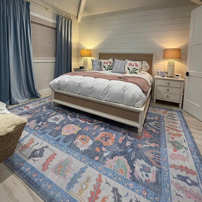 Fame Rugs Blue Modern Oushak Rug 2x3, Vintage Doormat Turkish Colorful Oriental Antique Inspired Washable Small Area Rug, Luxury Living Room Bedroom (387BNB, 2' x 3')