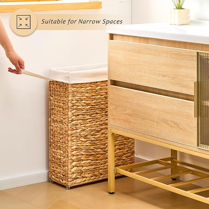 Handwoven Slim Laundry Hamper, 75L Narrow Laundry Basket, Natural Water Hyacinth Basket and Handles and Removable Liner Bag & 2 Mesh Bags (Natural, 75L)