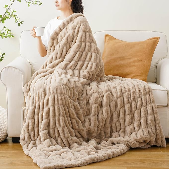 BATTILO HOME Luxury Faux Fur Throw Blanket for Couch, Cozy Plush Soft Blanket for Women, Double Side Ruched Rabbit Fur Blanket for Living Room, 50x60 Inches